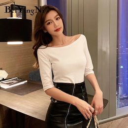 Shirts Beiyingni Slash Neck Women Tshirt Cotton Half Sleeve Haruku Slim Casual T Shirt Female Elastic Plain Tshirts Woman Tee Tops