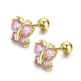 Stud Cute Butterfly Cz Zirconia Screw Back Stud Earrings For Women Kids Child Baby Girls Brass Gold Color Jewelry Kolczyki Oorbellen J240105