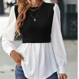 Women's Blouses 2024 Casual Spring Summer Women Splice Shirts Solid Color O-neck Long Sleeve Elegant Office Lady Party Top