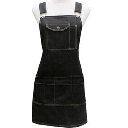 Aprons WholesaleNew Fashion Black Cotton Denim Funny Cooking Work With Pockets Strap cute Barber Cafe Restaurant Unisex Apron Tablier Cu