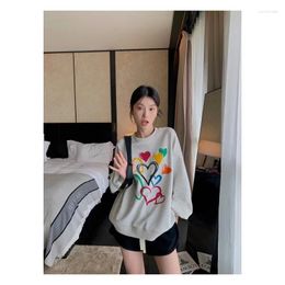 Women's T Shirts Casual Loose T-Shirt Crew Neck Flower Grey Sweater Unique Chic American Vintage 2024 Thin Printed Top Tide