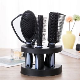 5Pcs Salon Styling Set Women Travel Makeup Hair Brush with Holder AntiStatic Comb Mirror Care 240105