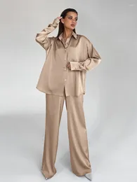 Women's Sleepwear Marthaqiqi Khaki Pajama Set Satin Long Sleeve Turn-Down Collar Nightwear Wide Leg Pants Night Wears For Women