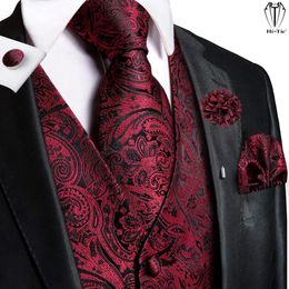 Blazers HiTie High Quality Silk Mens Vests Red Burgundy Paisley Waistcoat Tie Hanky Cufflinks Brooch Set for Men Suit Wedding Office XL