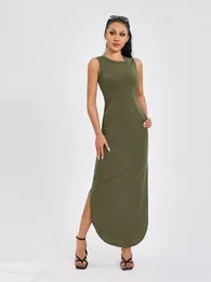 Casual Dresses Women Sleeveless Crew Neck Loose Slit Sundress Summer Solid Colour Long Dress For Daily Black/Blue/Green