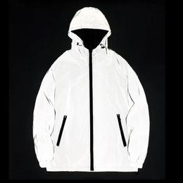 Night Reflective Jackets Double fabric Windbreaker Hooded Jacket Men Hip Hop Dancer singer Waterproof Zipper Coats Outwear 240105