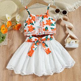 Girl Dresses Fashion Kid Girls 2pcs Summer Clothes Sets Floral Printed Sling Tops White Lace Skirt Clothing Outfit 3Y-6Y