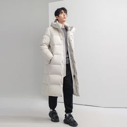 New men's knee length down jacket, youth hooded, high-end and handsome couple's light board white duck down jacket