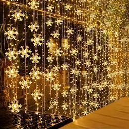 1 Pack Warm Colour LED Snowflake Curtain Light, Romantic Christmas Curtain String Lights, Fairy String Lights For Wedding Party, Home Garden Bedroom String Lights