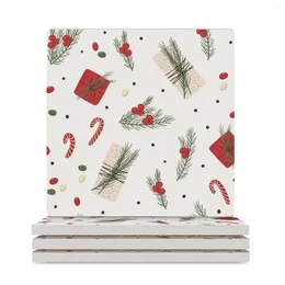 Table Mats Christmas And Year Presents Fir-tree Branches Candies Ceramic Coasters (Square) Cute Kitchen