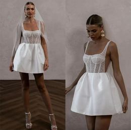 Vintage Short A Line Dresses Spaghetti Pearls Top Satin Wedding Dress Bone Bodice Long Designer Bridal Gowns Sweep Train