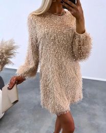 Casual Dresses Womens Spring Autumn Fashion Fluffy Long Sleeve Plain Round Neck Daily Mini Straight Dress Woman Clothing