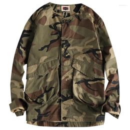 Hunting Jackets Autumn Japanese Retro Woven Cargo Jacket Men's Fashion Military Cotton Washed Old Double Pocket Collarless Casual Tops