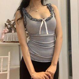 Women's Tanks Y2K Checkerboard Tank Top Ruffle Square Collar Plaid Sleeveless Tops Coquette Aesthetic Contrast Bow Slim-fit Camisole