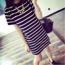 Casual Dresses Dress Women Summer Long Stripe Short Sleeves O-neck Korean Style Loose Vestidos Drop Sale WBX9502
