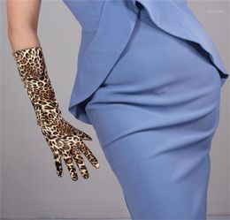 Five Fingers Gloves Leopard Long 40cm Patent Leather Emulation PU Bright Brown Cheetah Animal Pattern Female PU2518658590