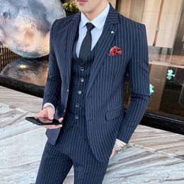JacketsVestPants Men's Three-piece Suit/Male Slim Fit Cotton High Quality Business Blazers/Man Stripe Groom Dress S-5XL 240104