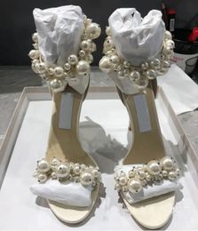 Top Famous Summer Women Maisel Sandals Shoes Nude Black White Ankle Strap Pumps with Pearl Embellishment Lady Sexy High Heels Bridal Wedding