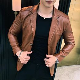 Men's Suits Mens PU Leather Jacket And Coats Spring Autumn Men Business Casual Classic Suit Collar Slim Fit Jackets 2024