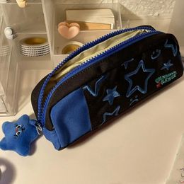 Cute Large-capacity Pencil Case Embroidery Cute Stars Blue Nylon Pencil Case Student Stationery School Supplies Back To School 240105