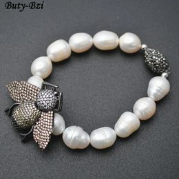Bracelets Outstanding Paved CZ Metal Bee Insect Charm Natural Fresh Water Pearl Potato Beads Stretch Bracelets Party Jewelry