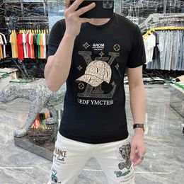 Men's T-Shirts Mercerized Cotton Men's Fashion Hat Hot Diamond Printed Short Sleeve T-shirt Men T240117