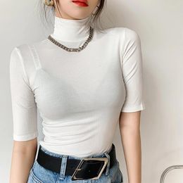 Shirts Cotton T Shirt Women White Basic Turtleneck Slim Tshirt Short Sleeve Tshirts Female Casual Elasticity Tee Shirt Femme Woman Top