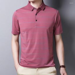Men's Polos 2024 Summer Short-Sleeved T-shirt Ice Silk Loose Lapel Striped Polo Shirt