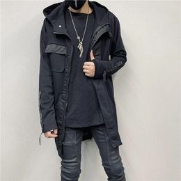 Men's Tracksuits Dark Retro Washed Stitching Hooded Trench Coat Trendy Mid-Length Cloak Casual Sweater Wizard Clothing