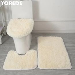 YOREDE Fluffy Bath Mat 3PCS Set Solid Color Home Carpets Toilet Lid Cover Rugs Kit Nonslip Foot For Bathroom Accessories 240105
