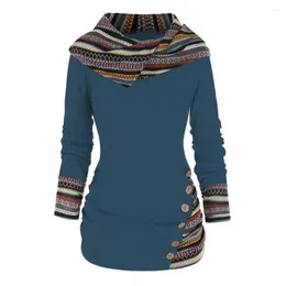 Women's Sweaters Women Hoodie Elastic Sweatshirt Geometric Stripe Splicing Print Ethnic Style Autumn Winter Mid-length