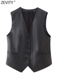 Zevity Women Fashion V Neck Single Breasted Faux Leather Slim Vest Jacket Office Lady WaistCoat Fake Pocket Tops CT5312 240105