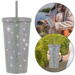 Water Bottles 500ml Straw Cup Sparkling Rhinestone Insulated Mug 304 Stainless Steel For Hiking Climbing Camping