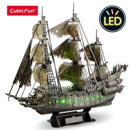 CubicFun 3D Puzzles Green LED Flying Dutchman Pirate Ship Model 360 Pieces Kits Lighting Building Ghost Sailboat Gifts for Adult 240104