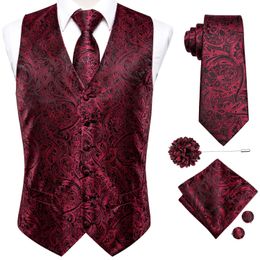 Hi-Tie Silk Mens Vests Jacquard Waistcoat Neck Tie Hanky Cufflinks Brooch Set for Men Suit Sleeveless Jacket Wedding Business 240104