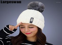 Beanie/Skull Caps Large Personality Hats For Women Winter Hat Beanies Cap Girl Pom Poms Skullies Knitted Thick Female Cap14281015