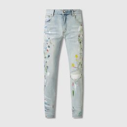 Men's Jeans American Style High Street Light Blue Paint Distressed Hole Patches Internet Celebrity