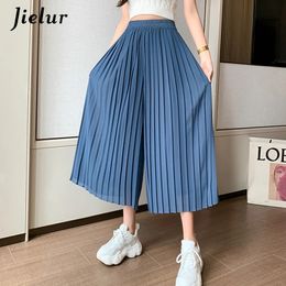 Jielur Summer Pleated Chiffon Wide Leg Pants Women's Casual Black Midi Pants Women's High Waist Straight Pants 231229