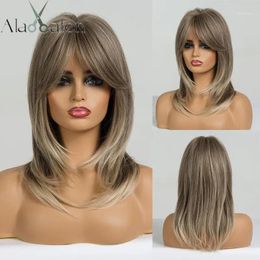 Wigs EATON Women Light Brown Blonde Medium Length Layered Wavy Synthetic Hair Wigs With Bangs Cosplay Wig Heat Resistant Fiber1