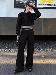 Calças femininas de duas peças primavera e outono curto com capuz blusa conjuntos de cintura alta perna larga casual moda terno