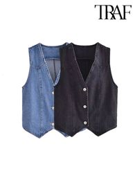 TRAF 2023 Summer Women Fashion Front Button Denim Waistcoat Vintage V Neck Sleeveless Female Outerwear Chic Tops 240105