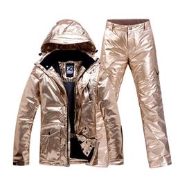 Jackets Gold Ski Suit Men Women Snowsuit Couple Winter Outdoor Snowboard Clothing Waterproof Warm Thick Ski Jacket Pant Set