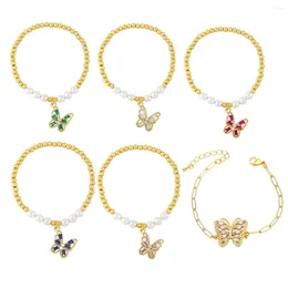 Charm Bracelets Elegant Gold Plated Color Zircon Hollow Butterfly Bead Chain For Women Adjustable Insect Pearl Bracelet Jewelry Party Gift
