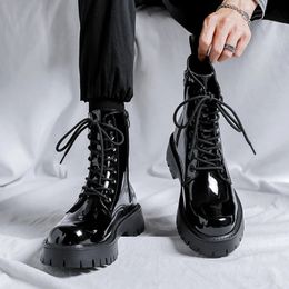 men luxury fashion patent leather boots black platform shoes party nightclub high top motorcycle boot cool knight botas man 240105