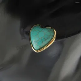 Stud Earrings HEART SHAPE SIMULATED TURQUOISE STONE SIZE 14MM YELLOW GOLD PLATED BRASS BASE EARRING