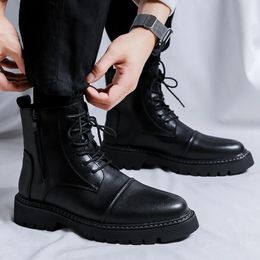 Mens Brand Shoes Leather Retro Men's Boots Leather Ankle Boots Motorcycle Cowboy Boot Show Bar Fashion Lace Up Long Boots Moto 240104