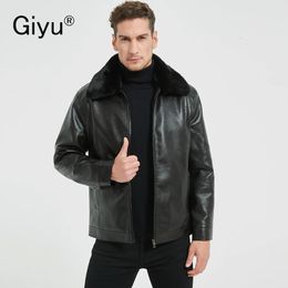 Giyu Artificial Leather Jacket Men Casual Lapel Plush Thermal Male Motorcycle PU Zipper Stand Windproof Coat y240105