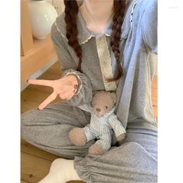 Women's Sleepwear Spring Autumn Grey Solid Pyjama Set Single Breasted Lace Ruffle Doll Collar Nightdress Sweet Princess Cotton Pant S445