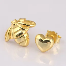 Stud Earrings Original Golden Bee And Heart Studs 925 Sterling Silver For Women Wedding Gift Europe Birthday Jewelry