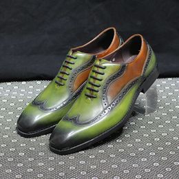 Men's Oxfords Genuine Leather Handmade Wingtip Lace-up Office Dress for Men Wedding Party Formal Oxford Shoes Green